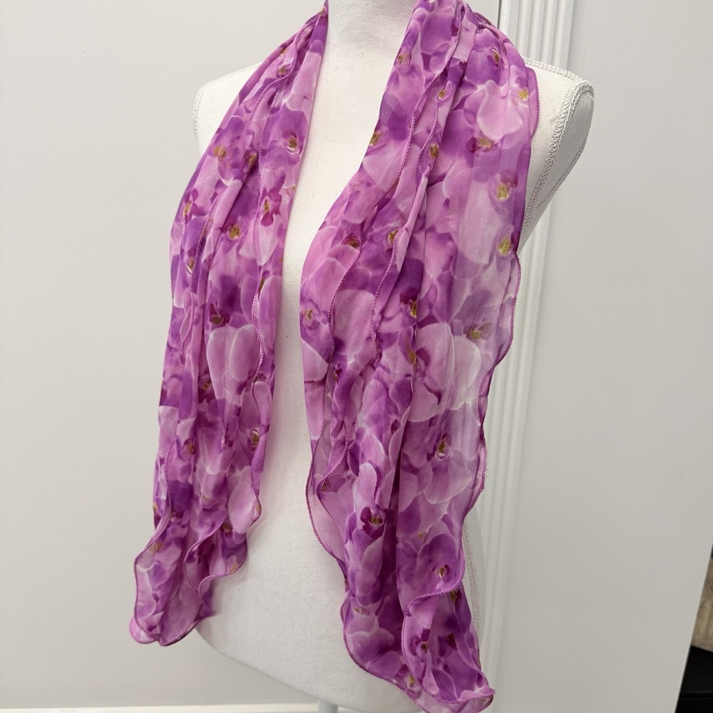 Women's Purple Orchid Floral Print Sheer Chiffon Scarf Shawl Calvin Klein